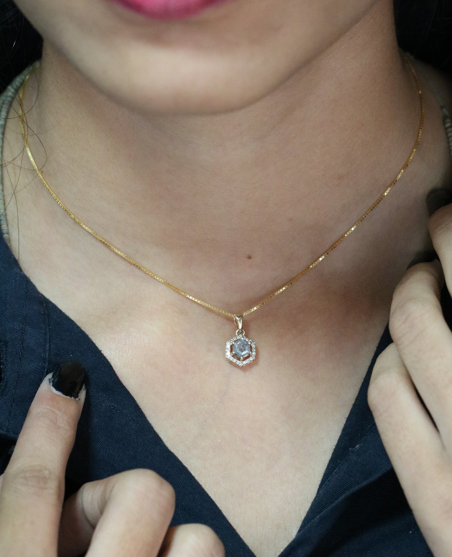 Salt and Pepper Diamond Hexagon Halo Pendant 18K Gold Chain Necklace For Women - JayKrishna Diamond