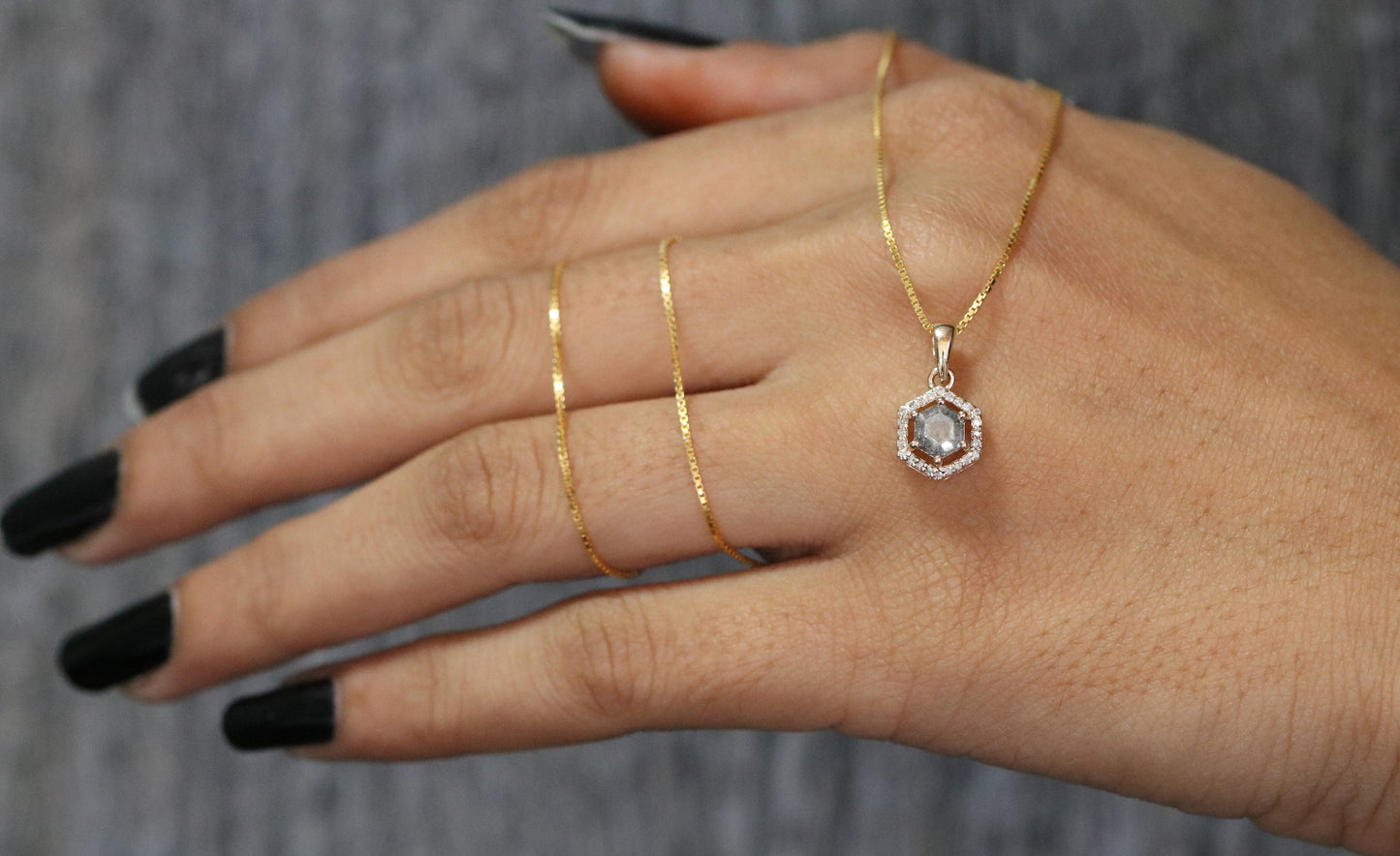 Salt and Pepper Diamond Hexagon Halo Pendant 18K Gold Chain Necklace For Women - JayKrishna Diamond