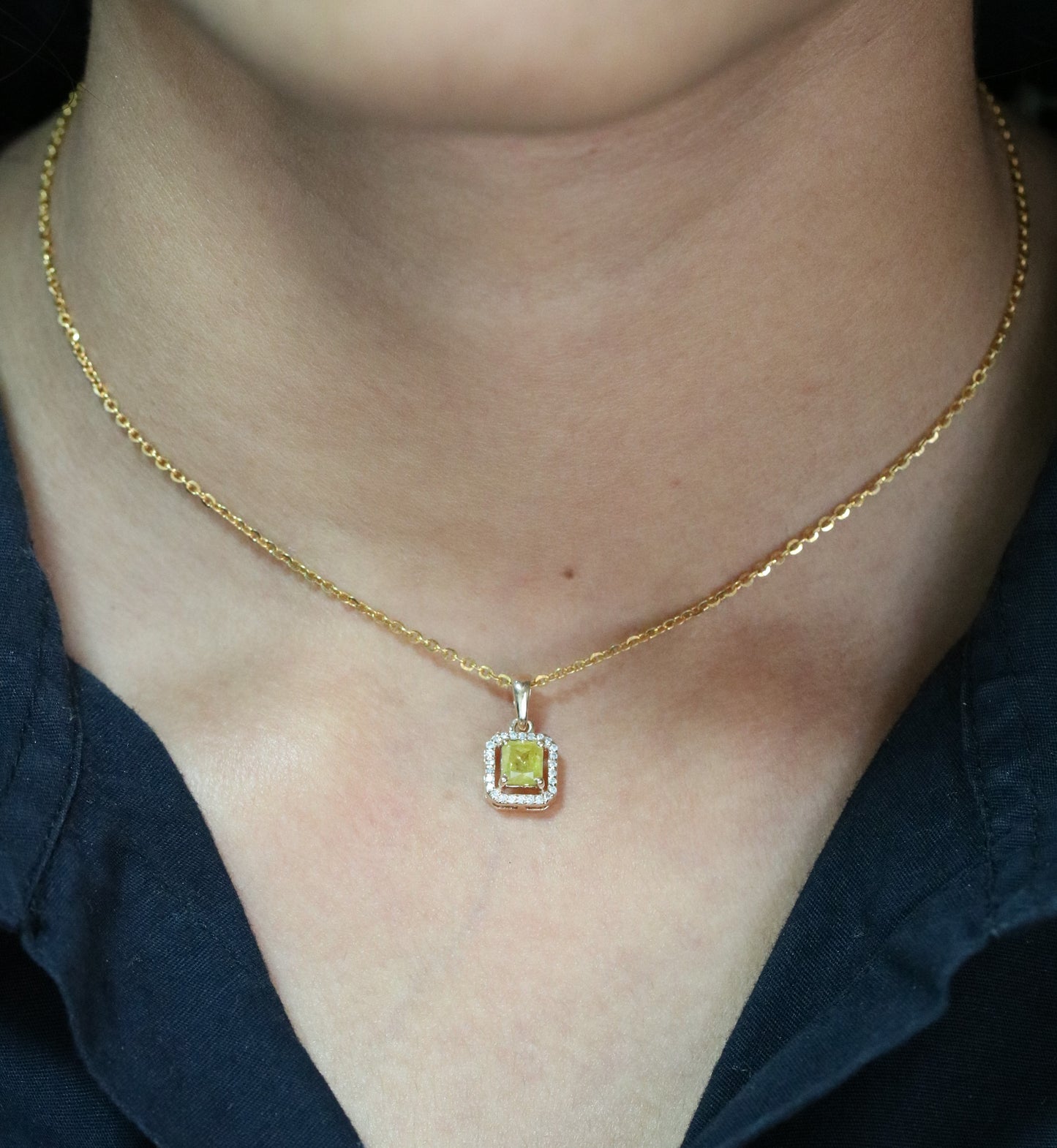 Yellow Asscher Cut Diamond Halo Pendant 18K Gold Chain Necklace Gift For Her - JayKrishna Diamond