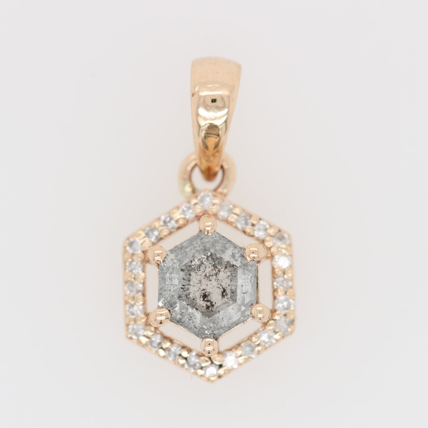 Salt And Pepper Diamond Pendant Hexagon Halo Pendant 10K Gold Diamond Pendant - JayKrishna Diamond
