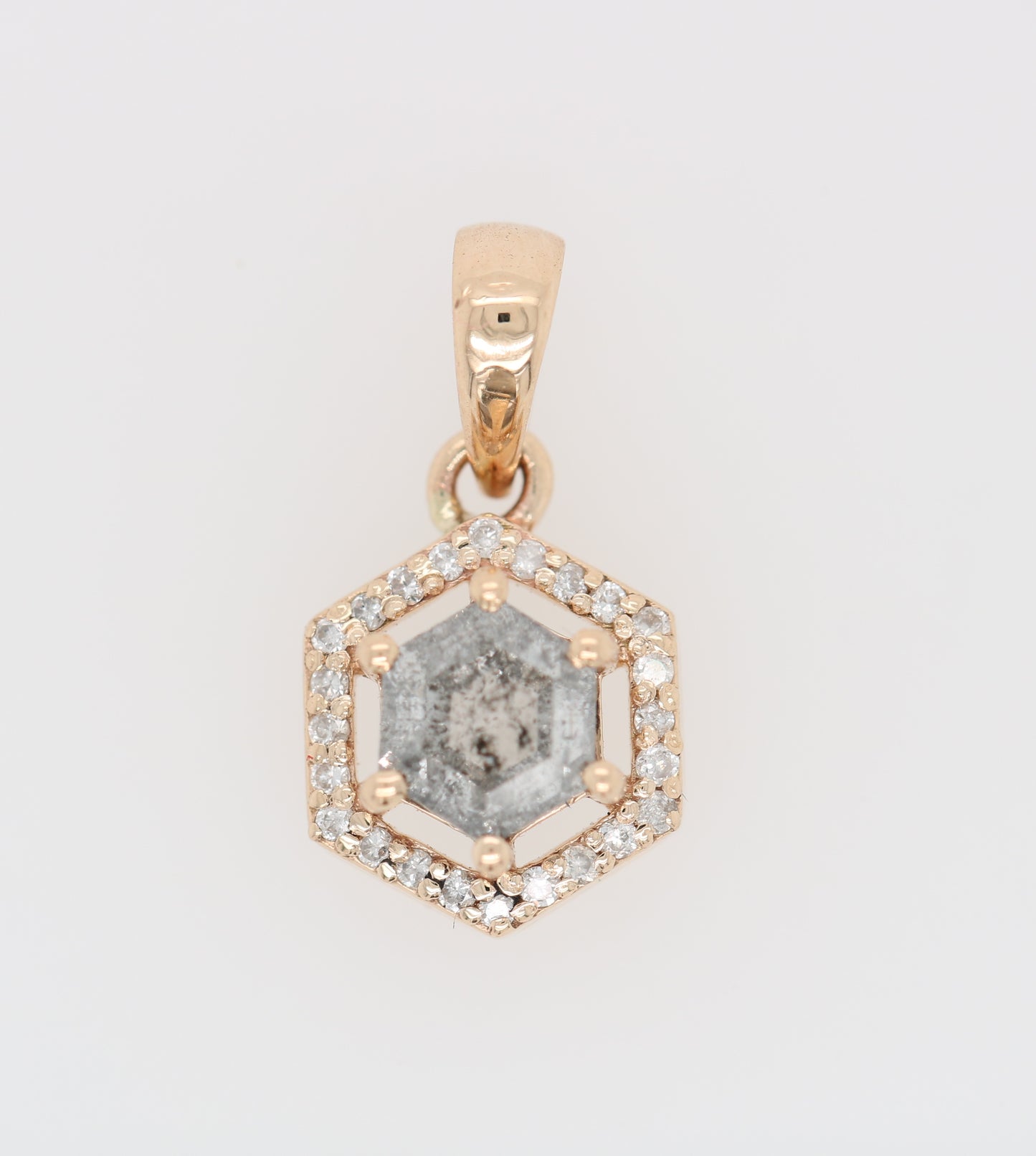 Salt And Pepper Diamond Pendant Hexagon Halo Pendant 10K Gold Diamond Pendant - JayKrishna Diamond