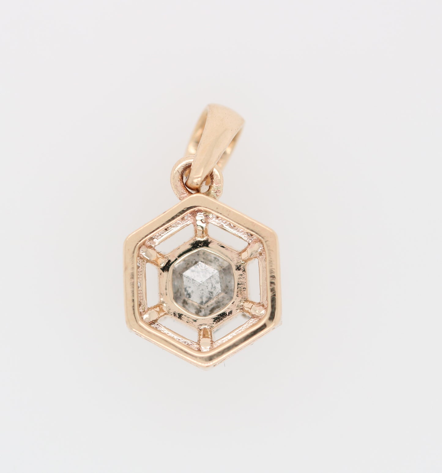 Salt And Pepper Diamond Pendant Hexagon Halo Pendant 10K Gold Diamond Pendant - JayKrishna Diamond
