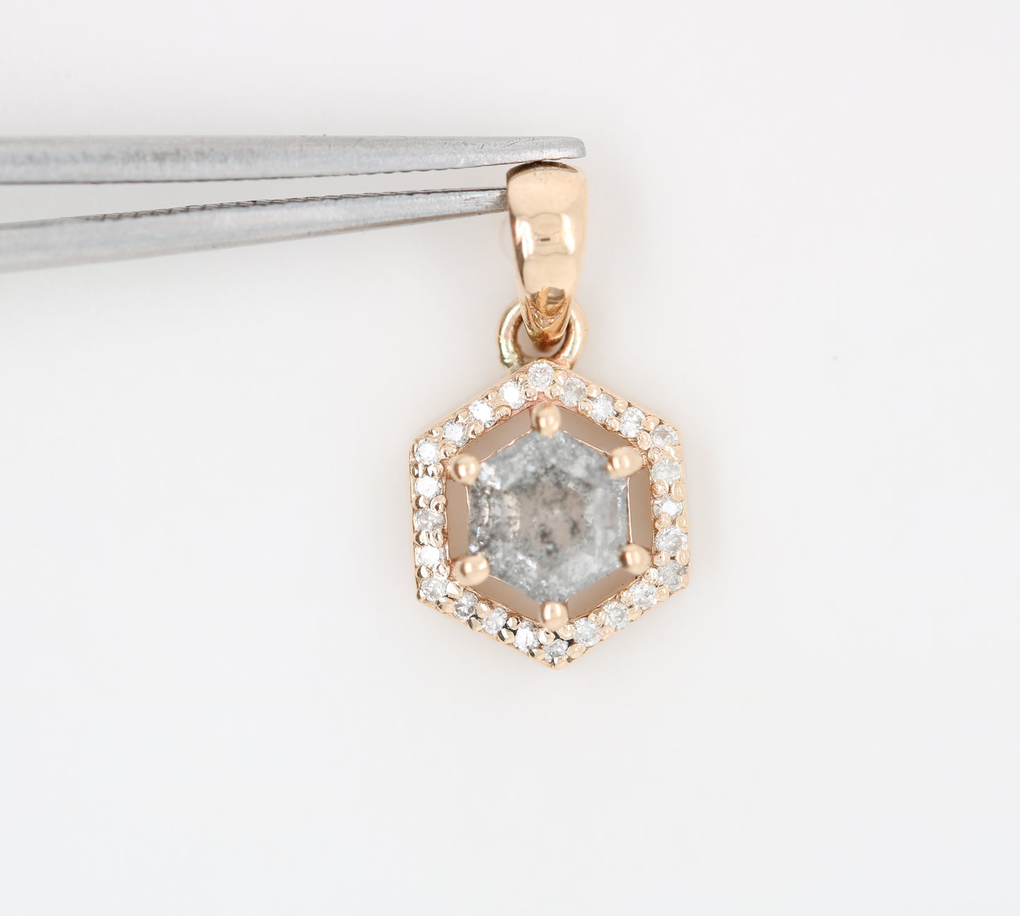 Salt And Pepper Diamond Pendant Hexagon Halo Pendant 10K Gold Diamond Pendant - JayKrishna Diamond