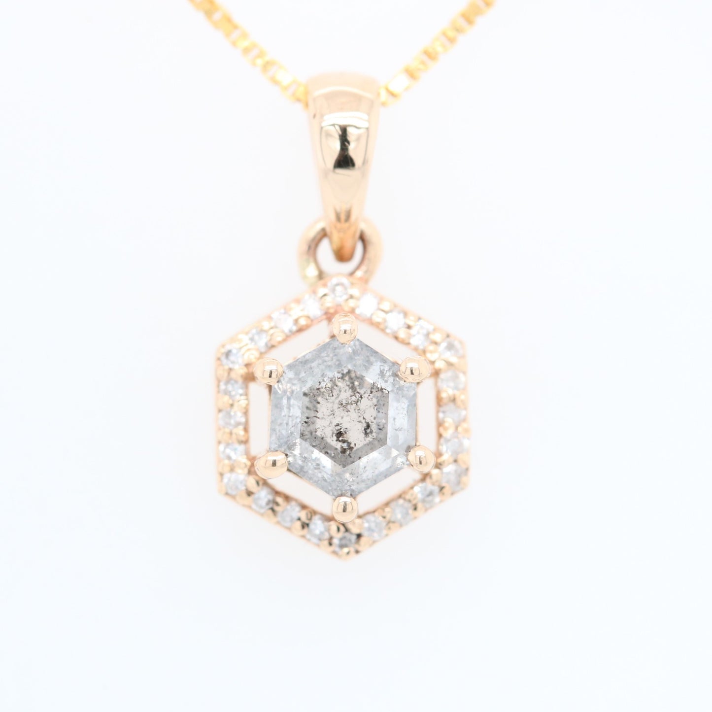 Salt and Pepper Diamond Hexagon Halo Pendant 18K Gold Chain Necklace For Women - JayKrishna Diamond