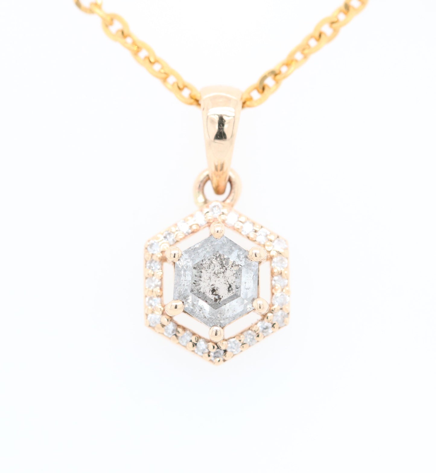 Hexagon Salt and Pepper Diamond Halo Pendant with 18K Yellow Gold Chain Necklace - JayKrishna Diamond