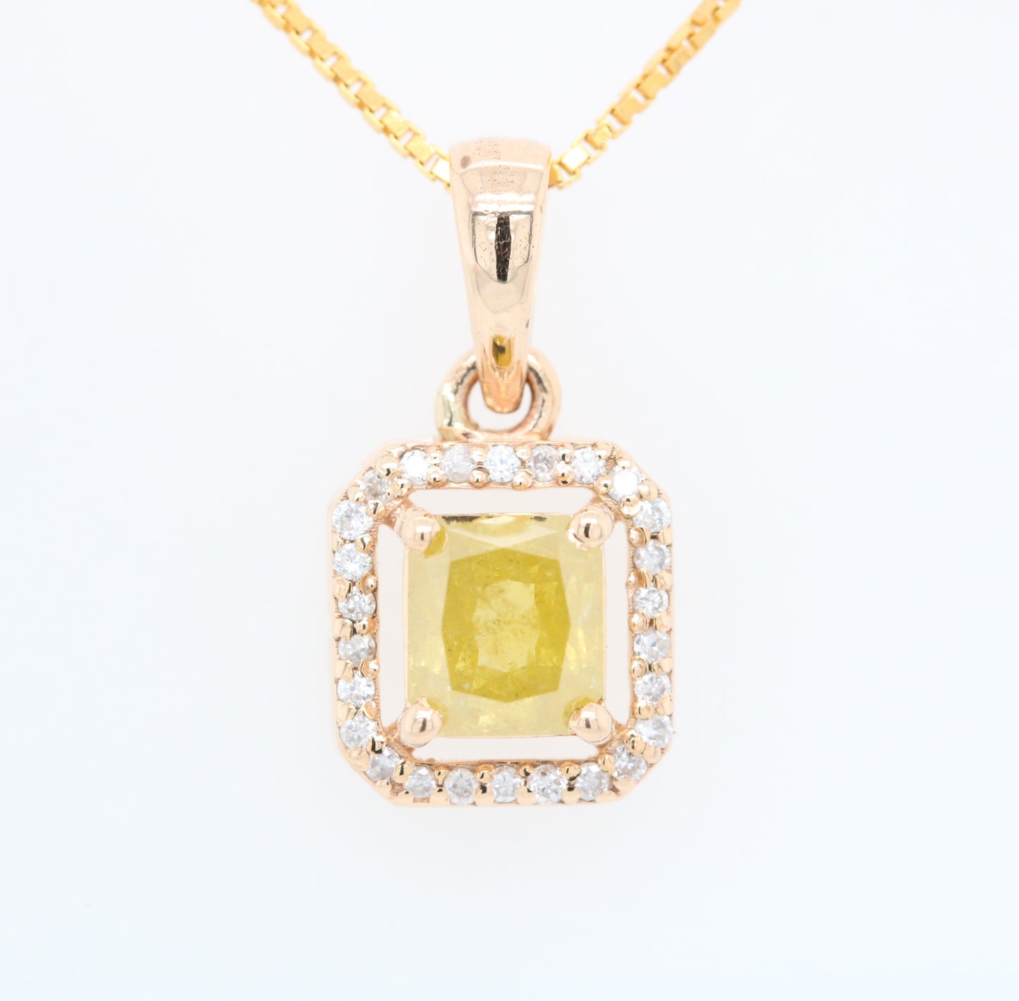 Yellow Asscher Cut Diamond Halo Pendant 18K Gold Chain Pendant Necklace For Women - JayKrishna Diamond