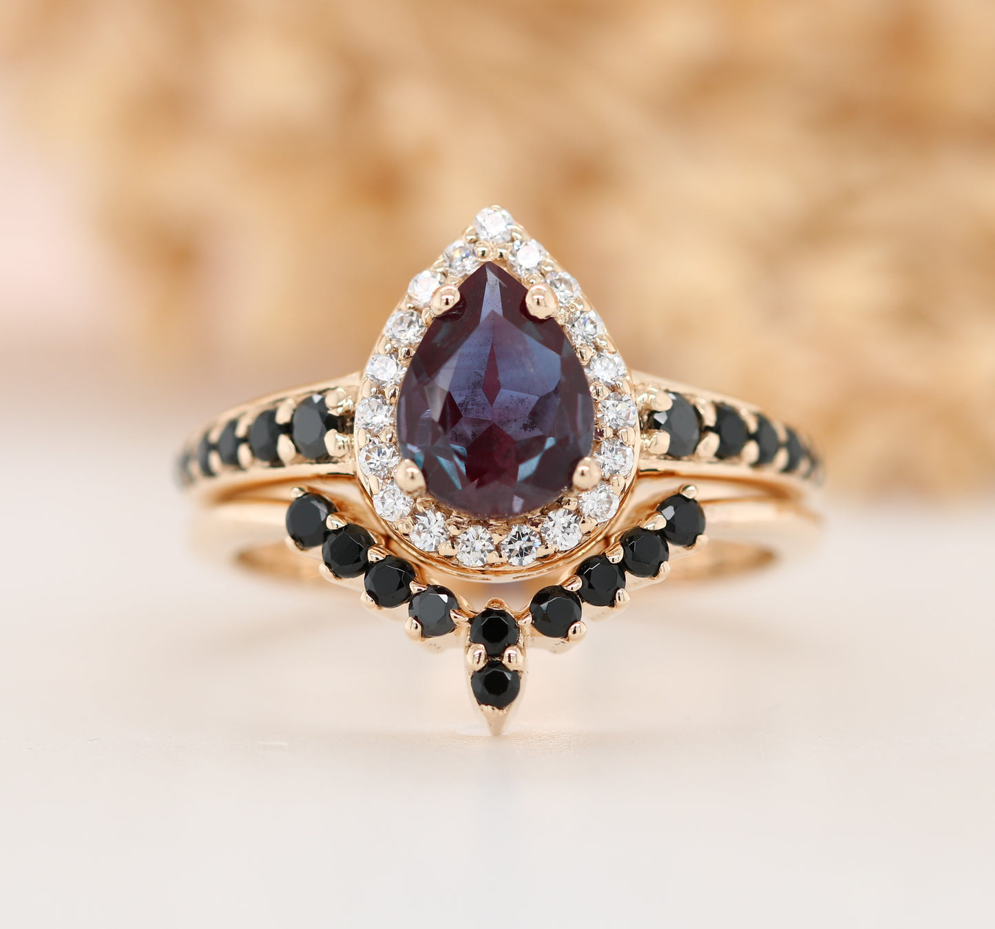 Vintage Alexandrite Ring, Pear Shape Halo Set Gold Ring, Promise Ring - JayKrishna Diamond