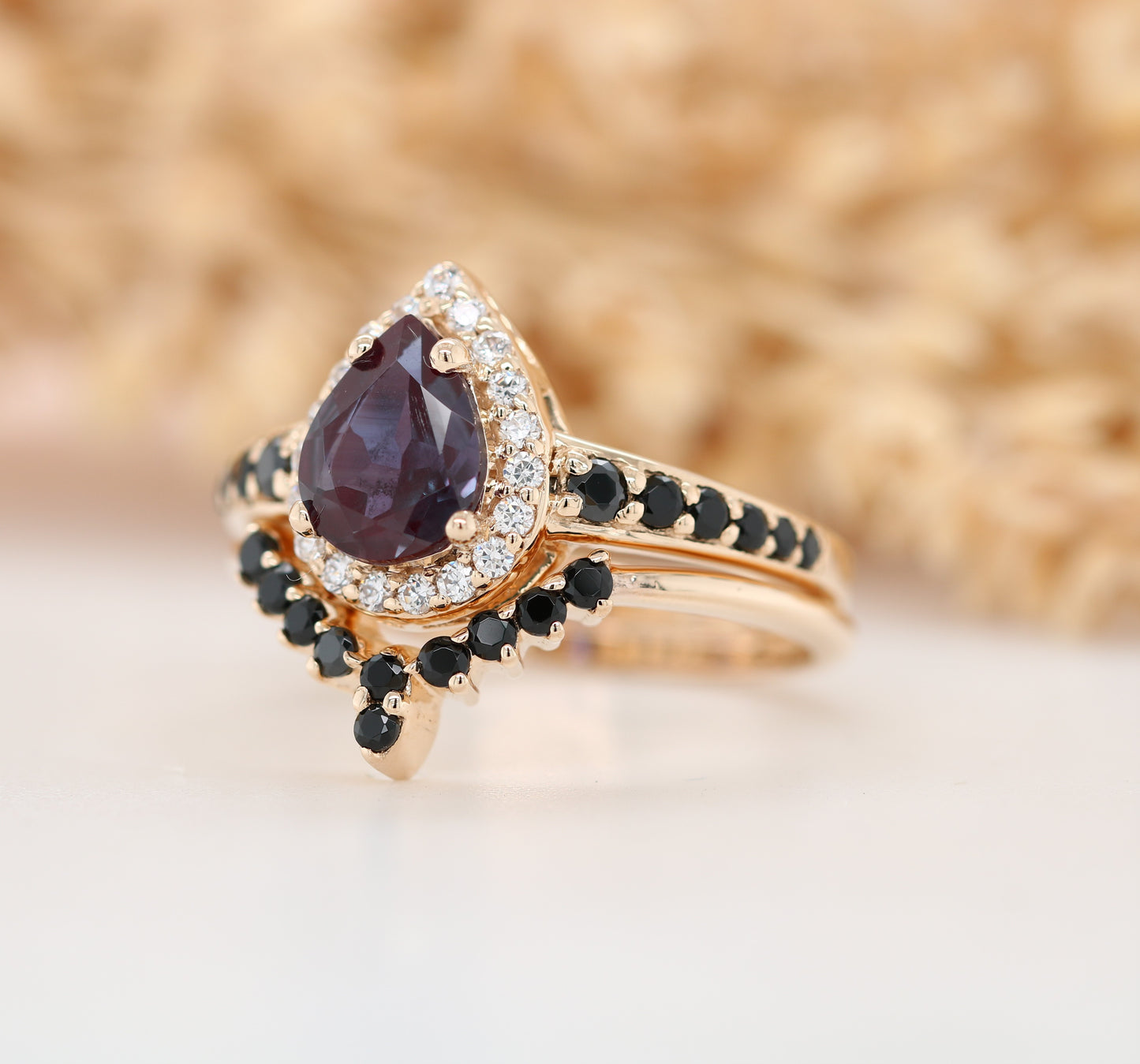 Vintage Alexandrite Ring, Pear Shape Halo Set Gold Ring, Promise Ring - JayKrishna Diamond