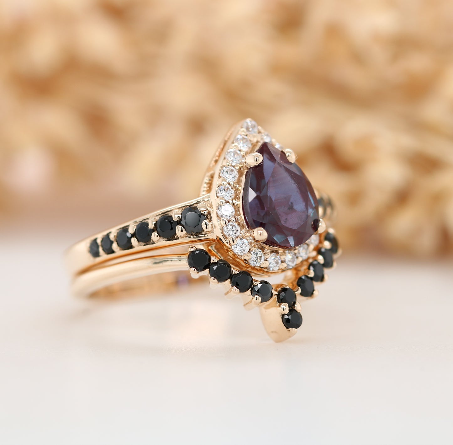 Vintage Alexandrite Ring, Pear Shape Halo Set Gold Ring, Promise Ring - JayKrishna Diamond