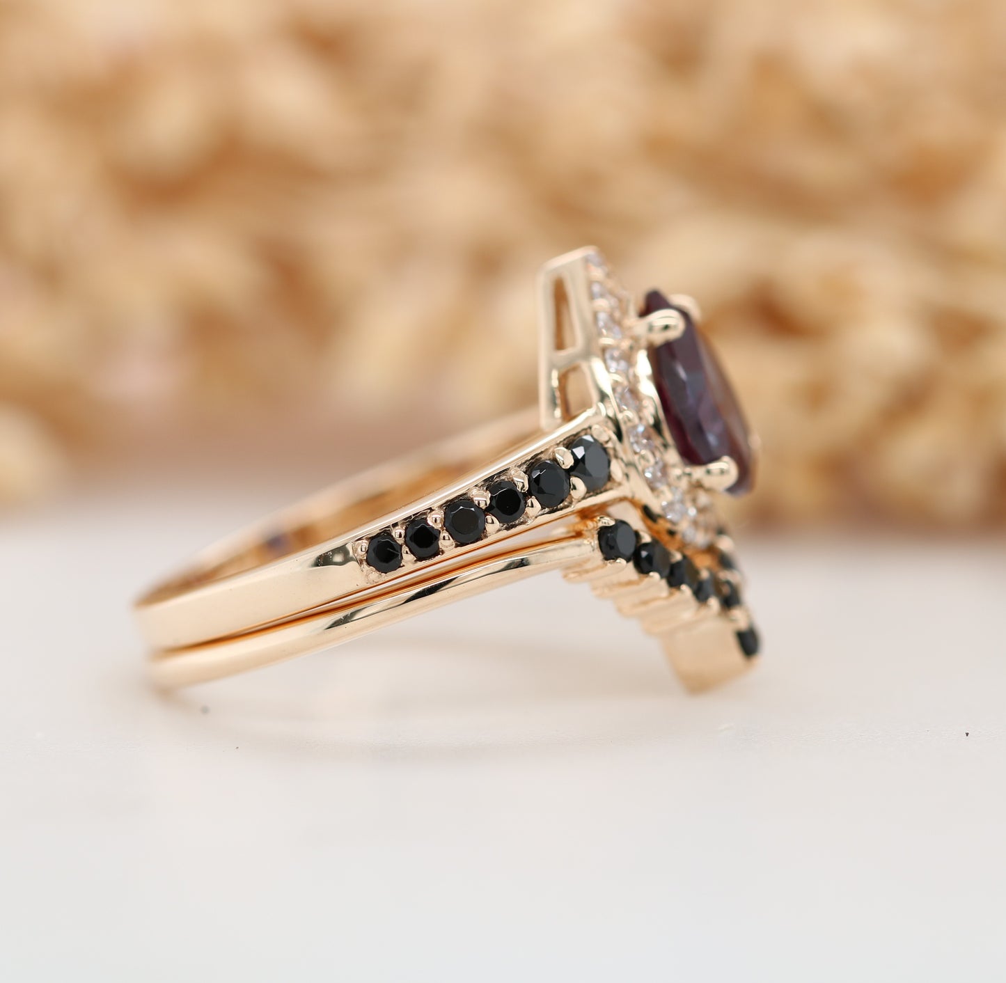 Vintage Alexandrite Ring, Pear Shape Halo Set Gold Ring, Promise Ring - JayKrishna Diamond