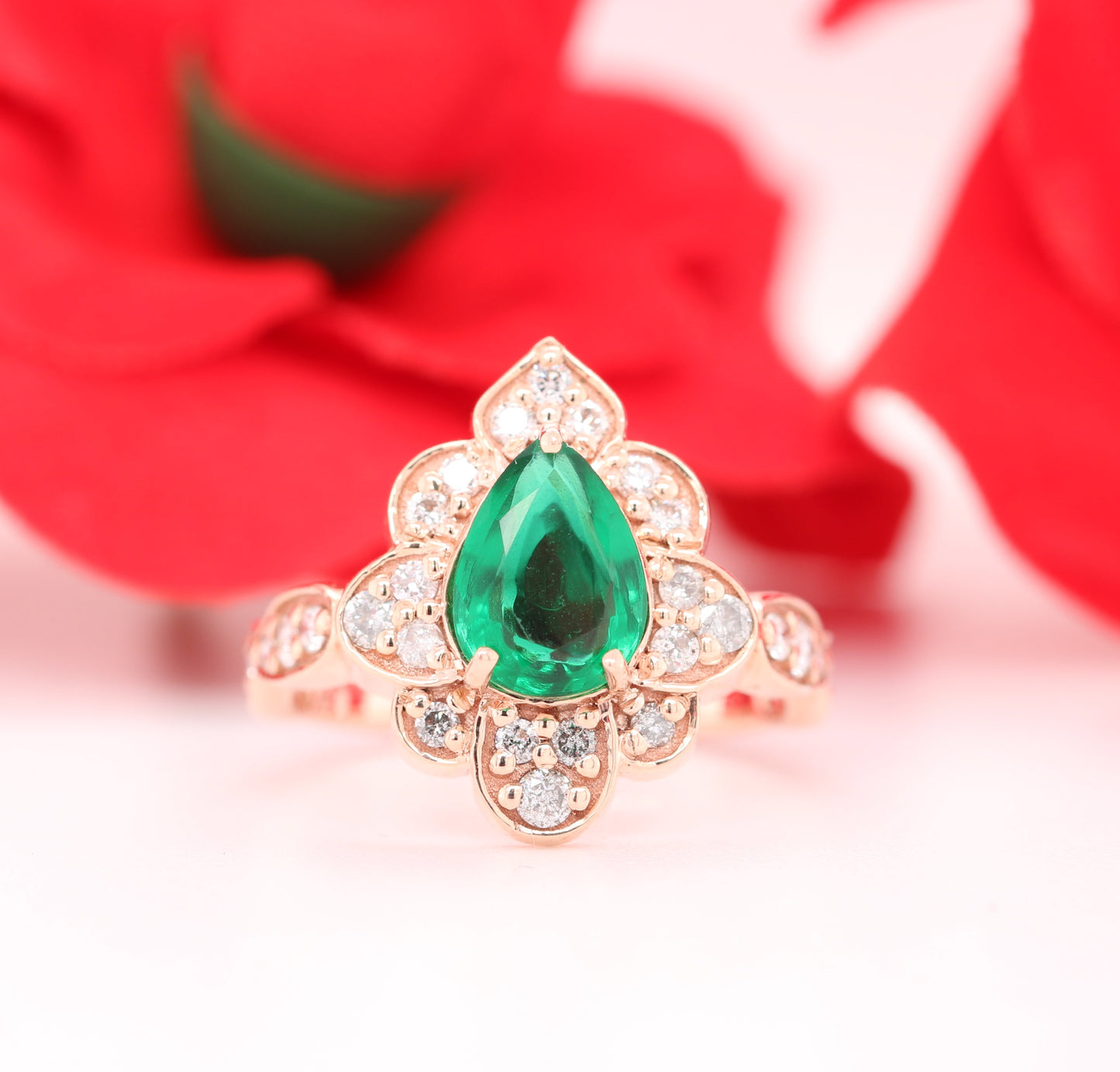 Vintage Green Emerald Ring- 14K Yellow Gold Art Deco Halo Engagement Ring May birthstone ring unique bridal ring women jewelry - JayKrishna Diamond