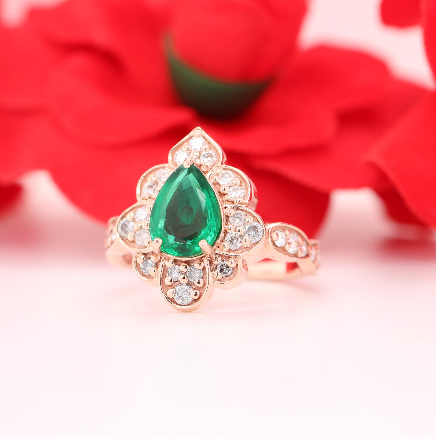 Vintage Green Emerald Ring- 14K Yellow Gold Art Deco Halo Engagement Ring May birthstone ring unique bridal ring women jewelry - JayKrishna Diamond