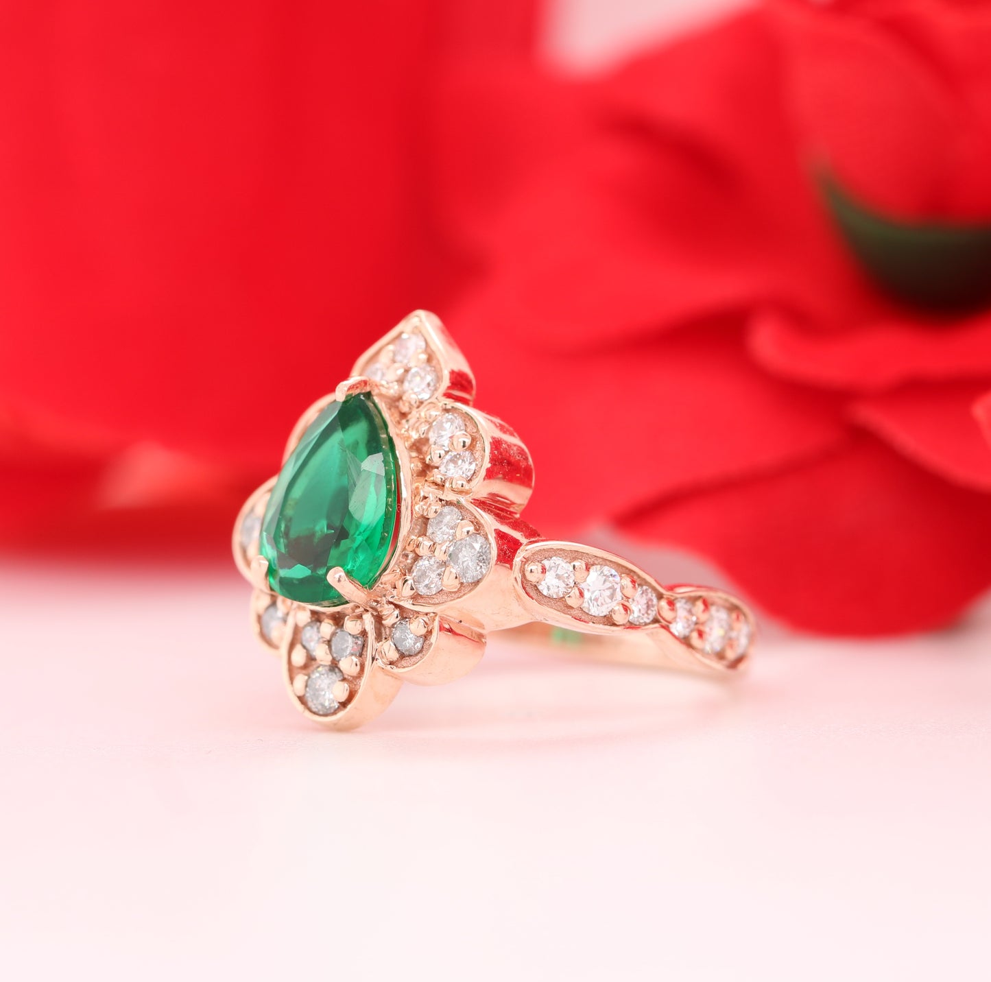 Vintage Green Emerald Ring- 14K Yellow Gold Art Deco Halo Engagement Ring May birthstone ring unique bridal ring women jewelry - JayKrishna Diamond