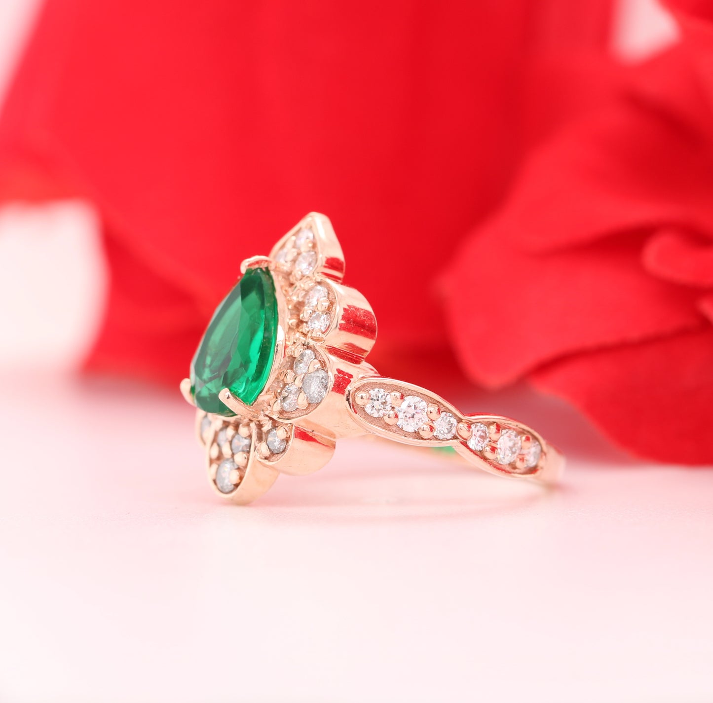 Vintage Green Emerald Ring- 14K Yellow Gold Art Deco Halo Engagement Ring May birthstone ring unique bridal ring women jewelry - JayKrishna Diamond