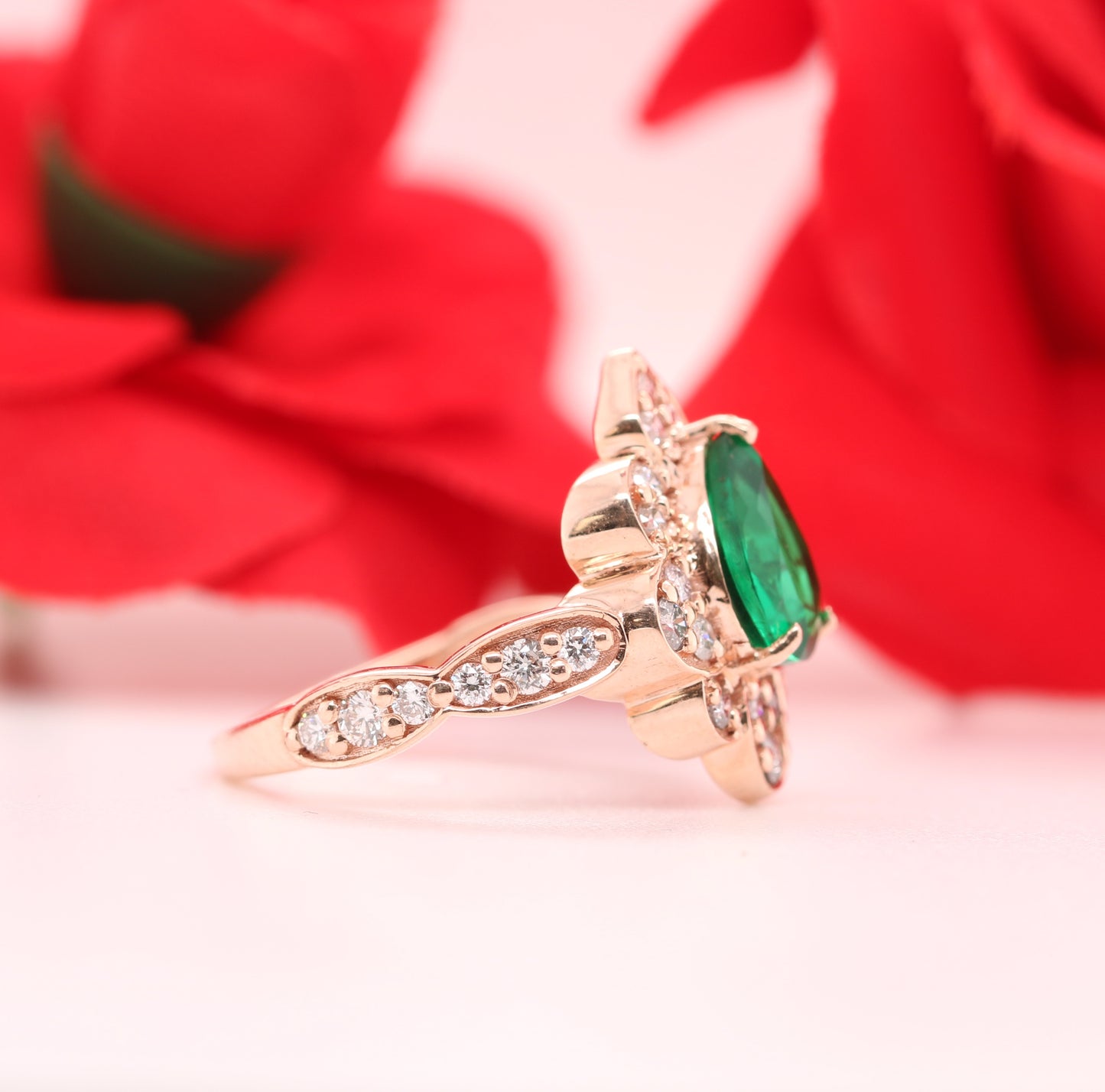 Vintage Green Emerald Ring- 14K Yellow Gold Art Deco Halo Engagement Ring May birthstone ring unique bridal ring women jewelry - JayKrishna Diamond