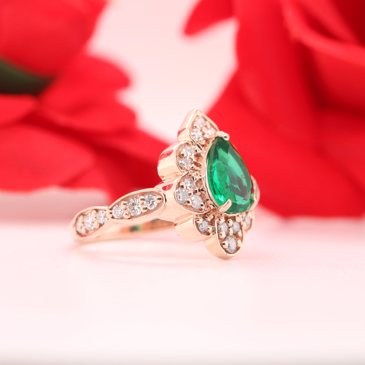 Vintage Green Emerald Ring- 14K Yellow Gold Art Deco Halo Engagement Ring May birthstone ring unique bridal ring women jewelry - JayKrishna Diamond