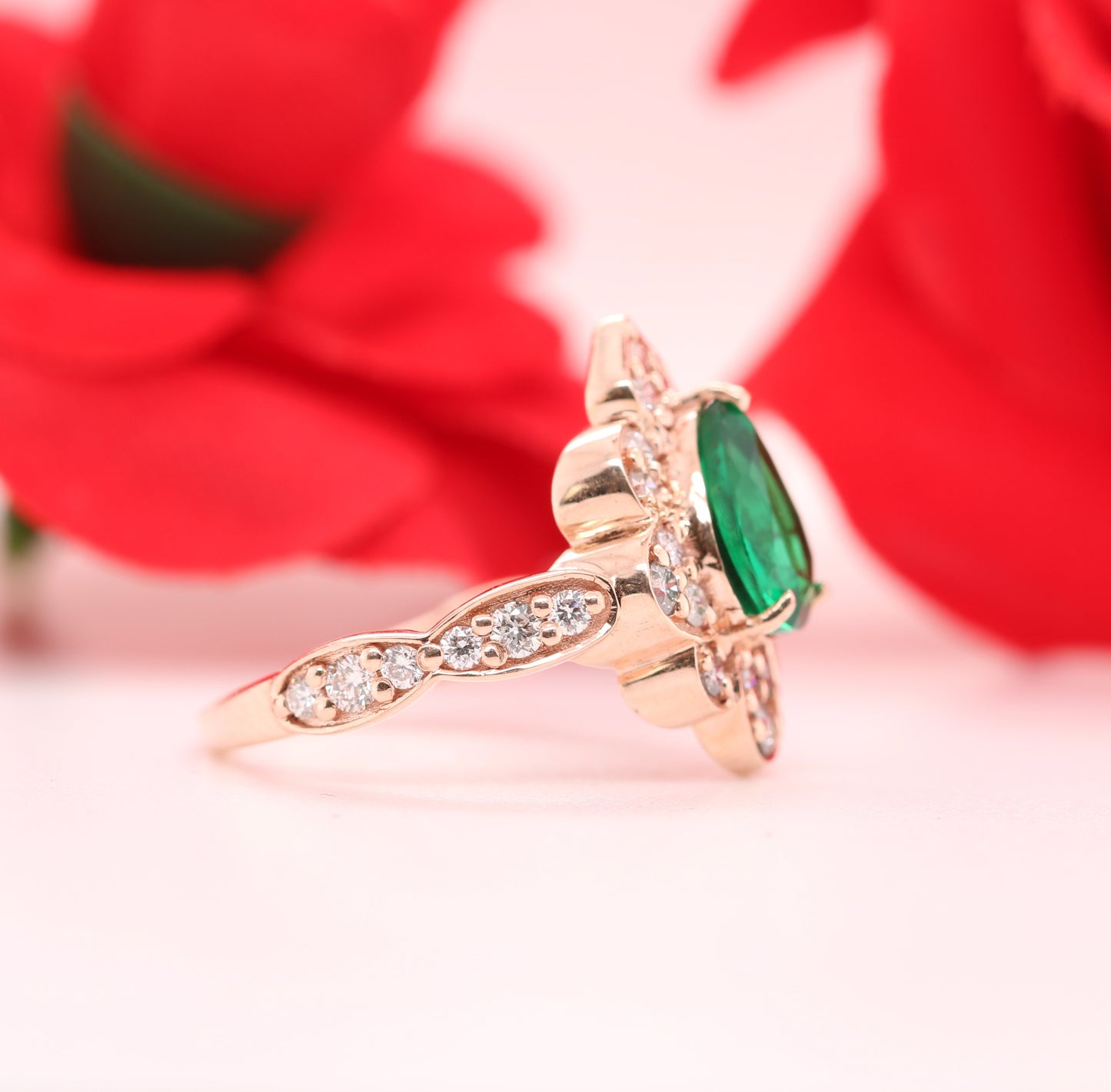 Vintage Green Emerald Ring- 14K Yellow Gold Art Deco Halo Engagement Ring May birthstone ring unique bridal ring women jewelry - JayKrishna Diamond
