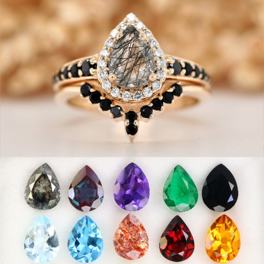 Yellow Gold Pave Band Pear Halo Black Rutilated Quartz Engagement Ring - JayKrishna Diamond