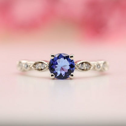 Oval Tanzanite Ring with Accented Diamond, Solid Gold Gemstone Engagement Rings for Women, Dainty Solitaire Ring, December Birthstone Band - JayKrishna Diamond