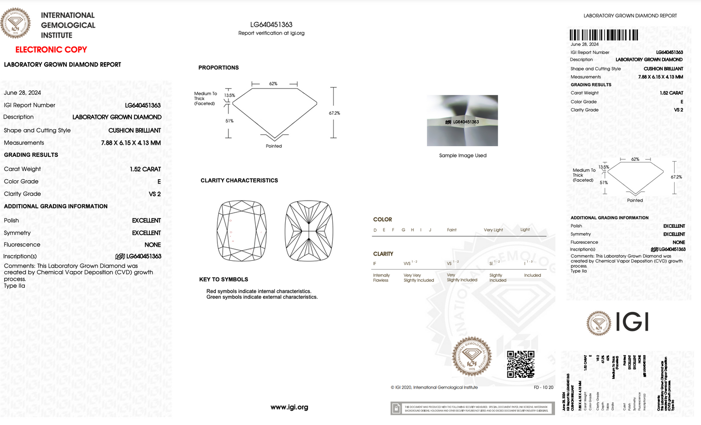 1.52 CT Cushion Cut Lab Grown Diamond E VS2 IGI Certified | Lab Created Diamond for Rings