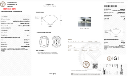 1.52 CT Cushion Cut Lab Grown Diamond E VS2 IGI Certified | Lab Created Diamond for Rings