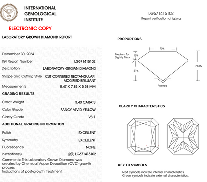 3.40 Carat Radiant Fancy Yellow Lab Diamond – Ethical VS1 Clarity Gemstone, IGI Certified for Custom Engagement Jewelry