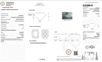 2.02 CT Cushion Cut Lab Grown Diamond D VS1 IGI Certified | Lab Created Diamond for Rings
