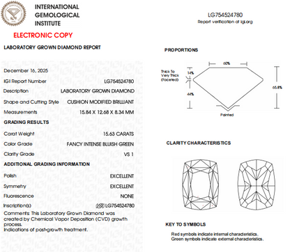 15.63 Carat Blues Green Cushion Cut IGI Certified Lab Grown Diamond For Engagement Ring