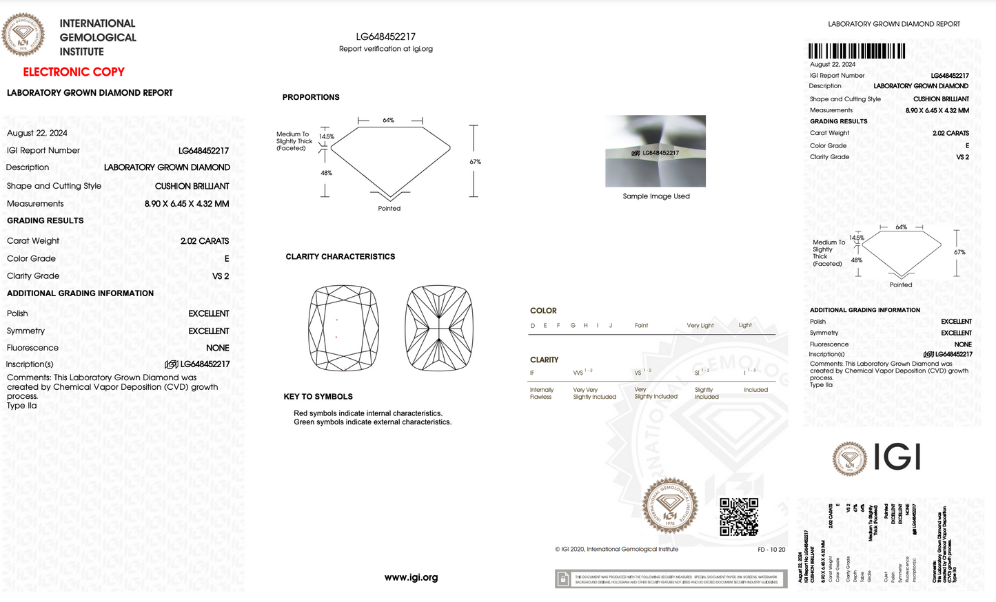 2.02 CT Cushion Cut Lab Grown Diamond E VS2 IGI Certified | Lab Created Diamond for Rings