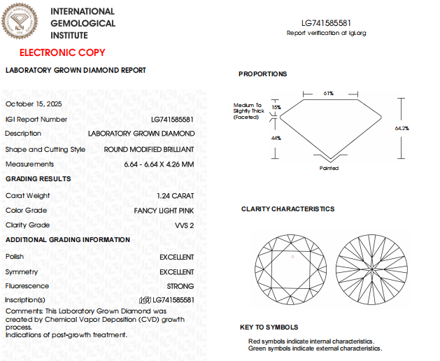 Fancy Light Pink-VVS2 Round Lab Grown (CVD) Diamond | IGI Certified