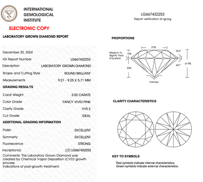 3.03ct Round Fancy Pink Lab Diamond IGI VVS2 Sustainable Gem