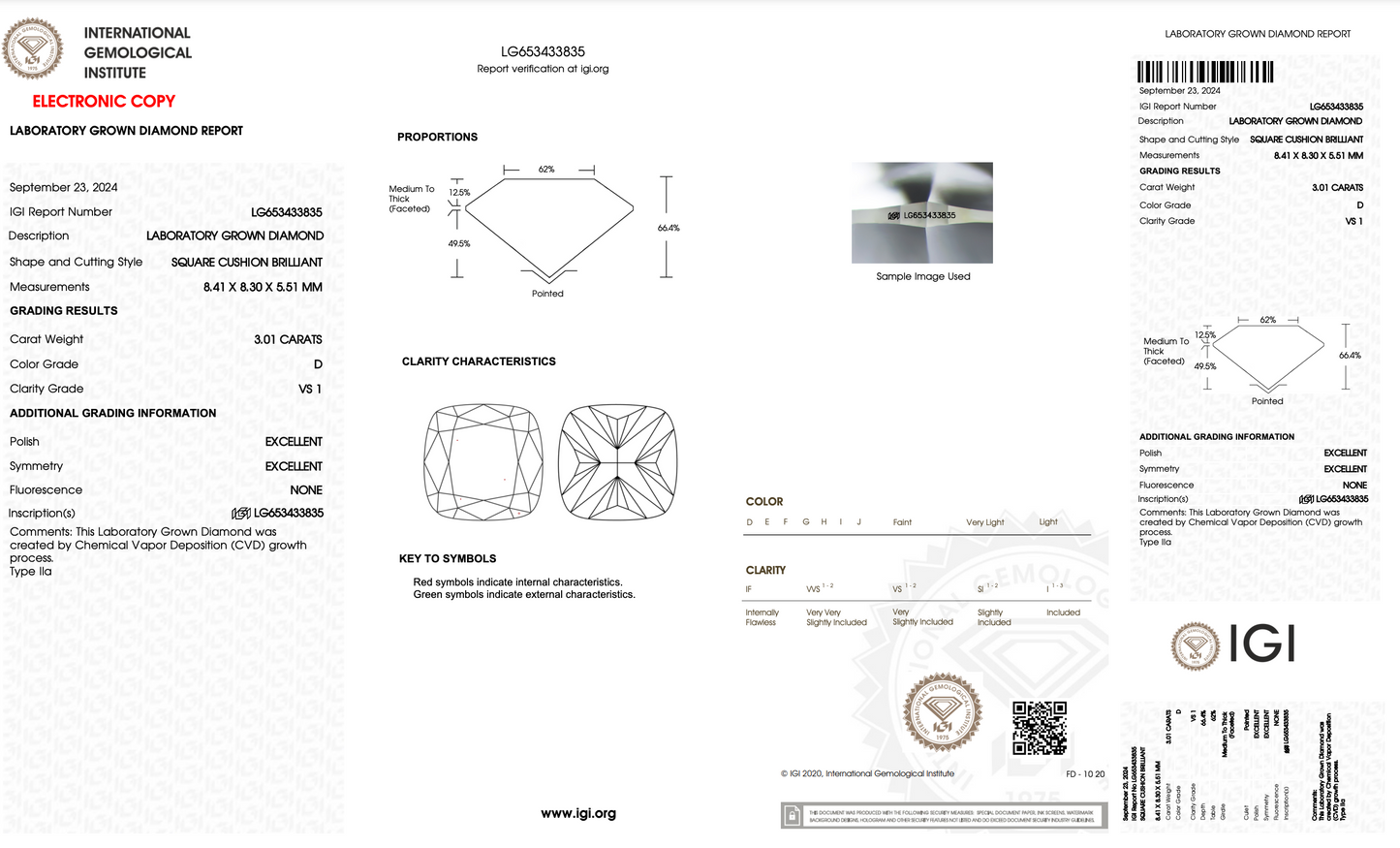 3.01 CT Cushion Cut Lab Grown Diamond D VS1 IGI Certified | Lab Created Diamond for Rings