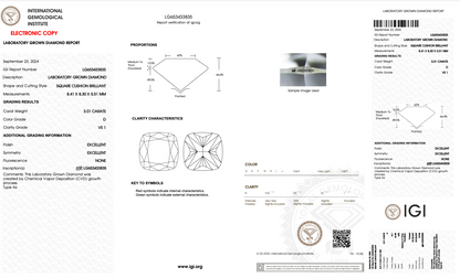 3.01 CT Cushion Cut Lab Grown Diamond D VS1 IGI Certified | Lab Created Diamond for Rings