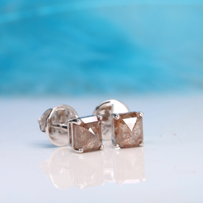 Natural Red Rustic Emerald Shape Real Diamond Prong Set Earrings | Galaxy Diamond Earrings | Gift For Wife | Gift For Sister | Gift For Boyfriend | Birthday Gift - JayKrishna Diamond