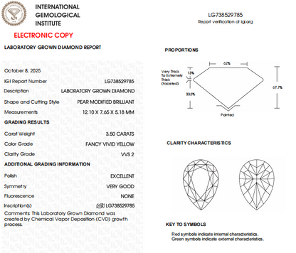 3.50 CT Pear Lab Grown Diamond | Yellow Color, VVS2 Clarity, | IGI Certified
