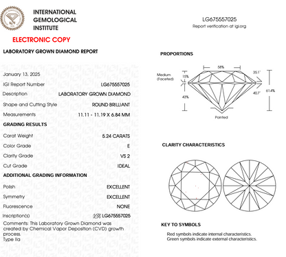 5.24ct Round Cut Lab Grown Diamond IGI Certified