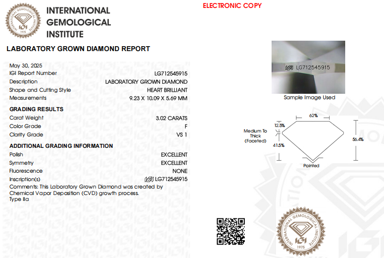 3 CT Heart Cut Lab Grown Diamond | IGI Certified