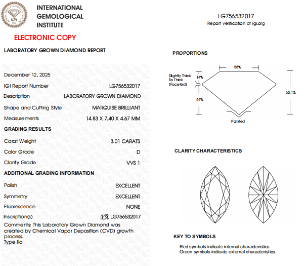 3 Carat D-VVS1 Marquise Lab Grown Diamond For Anniversary Gift