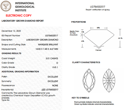 3 Carat D-VVS1 Marquise Lab Grown Diamond For Anniversary Gift