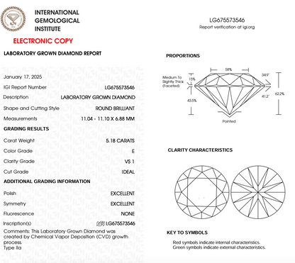 5.18ct Round Cut Lab Grown Diamond IGI Certified