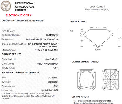 4.64 CT Yellow Radiant Cut Lab Grown Diamond | Best for Engagement Ring or Anniversary Gift | IGI Certified | Best Gift for Man