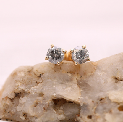 Vintage Natural Round Brilliant Cut Grey Salt and Pepper Unique Stones Diamond Prong Set Gold Minimalist Earrings - JayKrishna Diamond