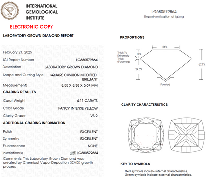 4.11 CT Yellow Square Cushion Lab Grown Diamond | Best for Engagement Ring or Anniversary Gift | IGI Certified