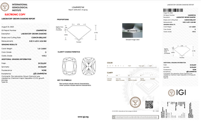 1.51 Carat Cushion Cut Lab Grown Diamond | D Color VVS2 Clarity | IGI Certified Loose Diamond for Engagement Ring & Fine Jewelry