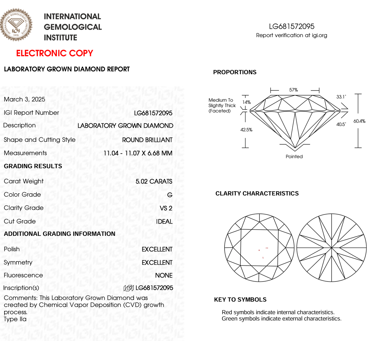 5.02ct Round Cut Lab Grown Diamond IGI Certified