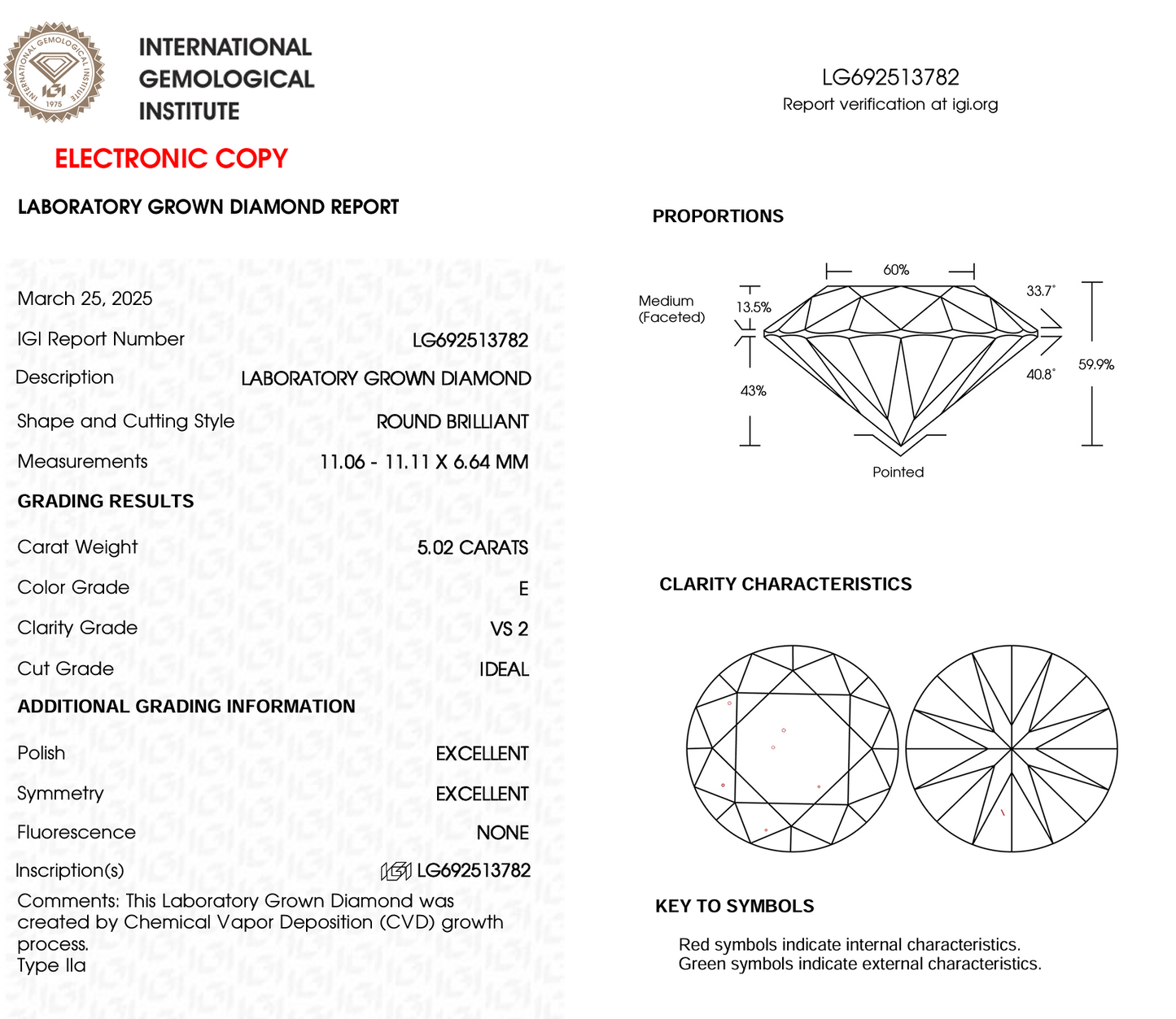 5.02ct Round Cut Lab Grown Diamond IGI Certified