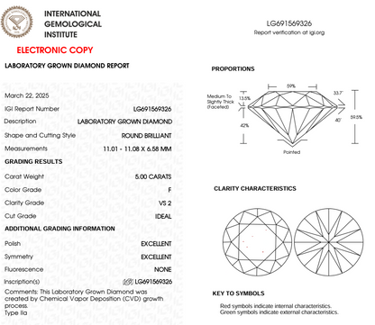 5ct Round Cut Lab Grown Diamond IGI Certified