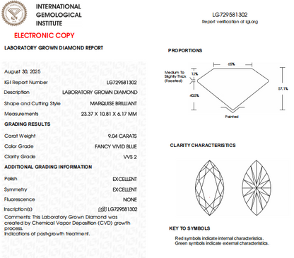 VVS2 Clarity, Blue Color, 9  CT Marquise Cut Lab Grown Diamond For Custom Engagement Ring