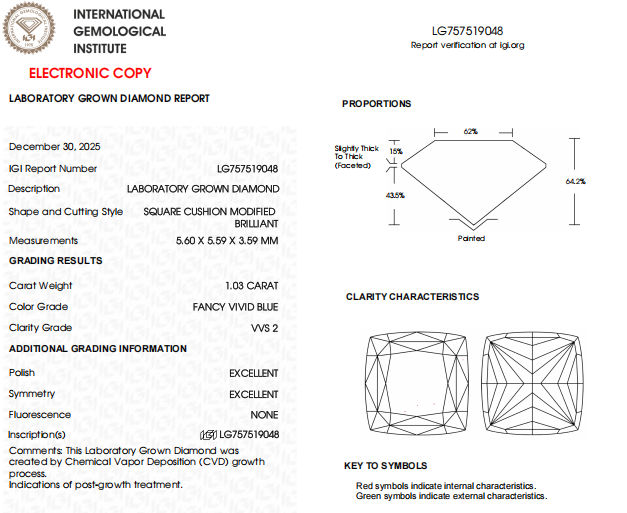 1 Carat Cushion Cut Lab-Made Diamond | VVS2 Clarity, Blue Color,