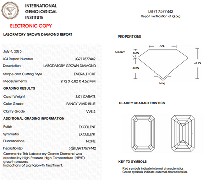 3 CT Emerald Cut Lab Created Diamond | VVS2 Clarity Blue Color | IGI Certified